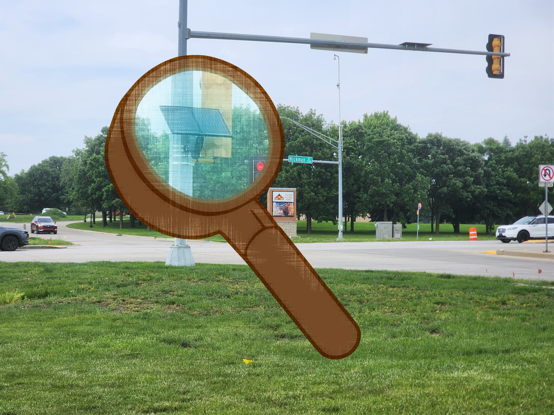 A street intersection is pictured, grass foreground, a magnified portion of the image is superimposed within a graphic of a brown-handed magnifying glass. A decorative effect is applied to the magnifying glass portion of the image.
