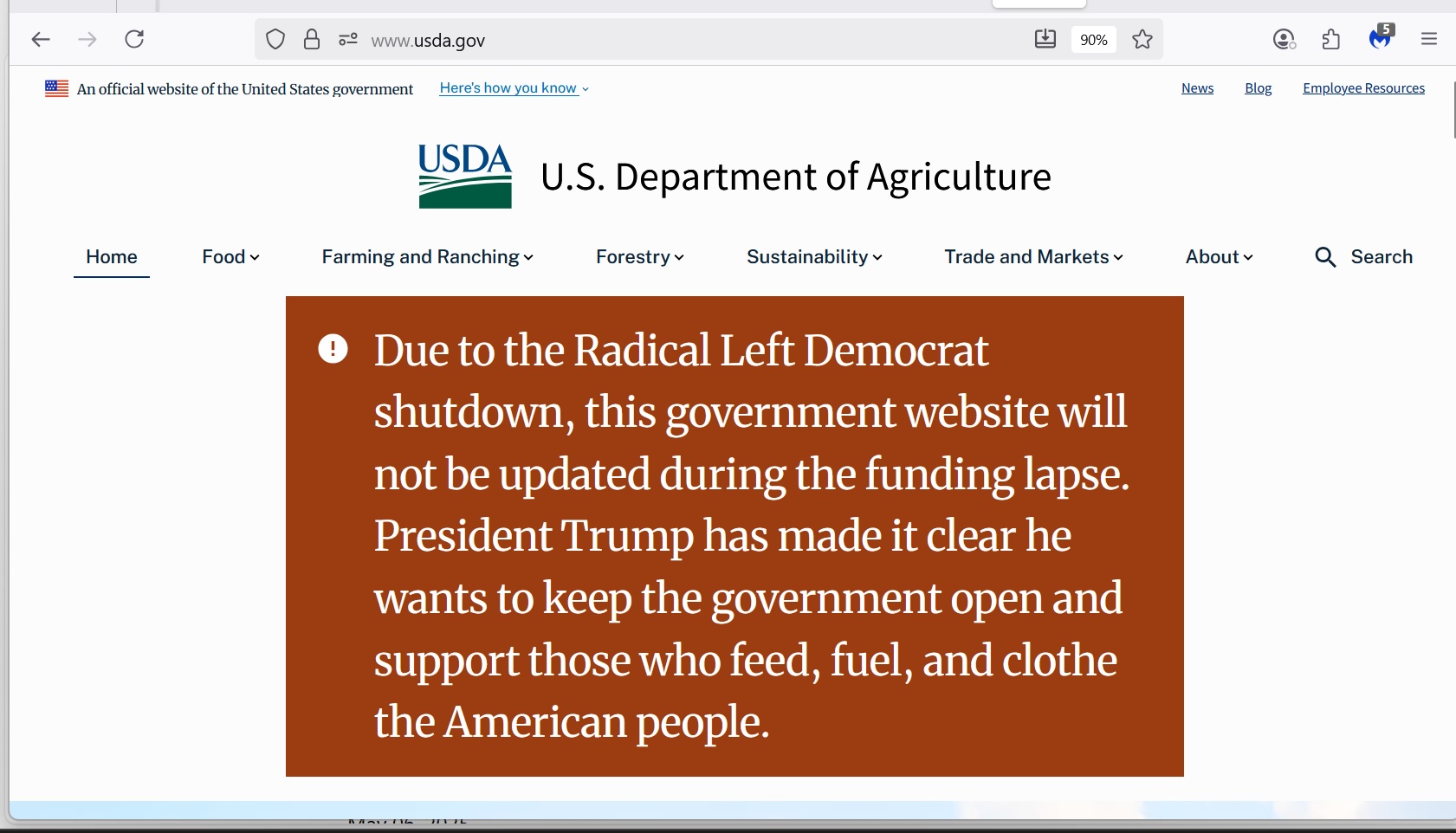 Screenshot of USDA website on October 1 (the message was still there on October 11) It reads: 